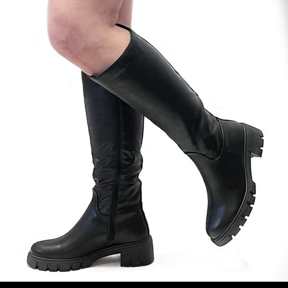 New Black Round Toe Chunky Heel Knee Hide Riding Boots